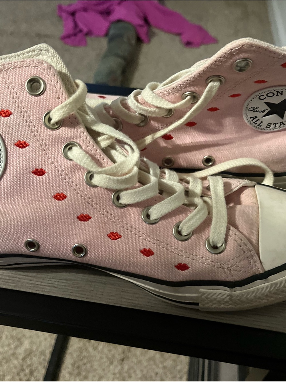 Converse Pink High-Top Sneakers with Red Lip Print